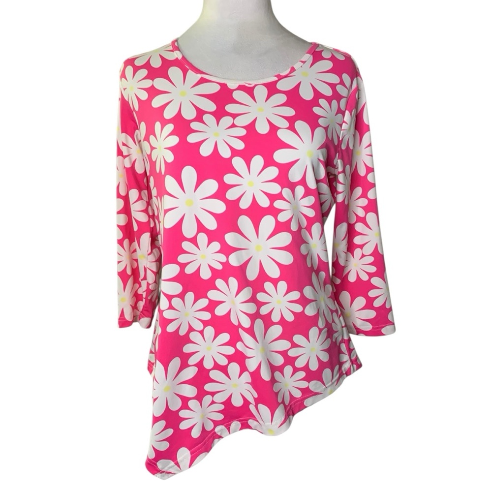 Lulu-B Women’s XS Pink & White Daisy Floral Stretch Knit Asymmetrical Hem Blouse